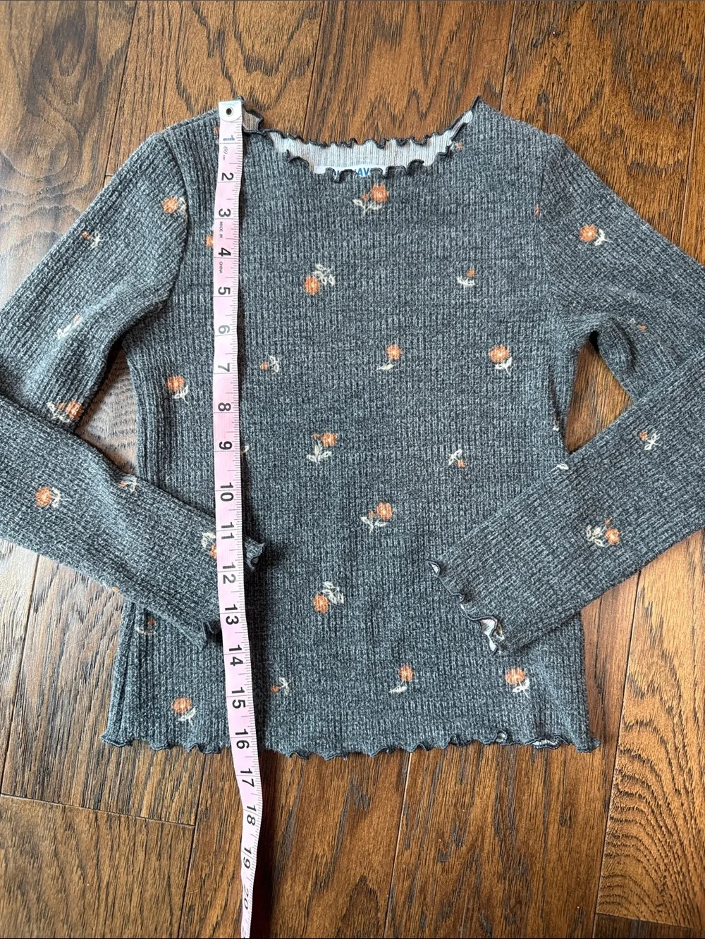 Old Navy Girls Long Sleeve Ribbed Tops - Gray Floral & Black size small 6-7